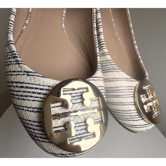 Tory Burch White Blue Striped Snake Leather Gold Logo Reva Ballet Flats Sz 11 M - Picture 7 of 15